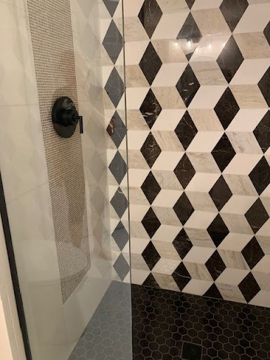 A black and white tile bathroom shower with the door partially open.